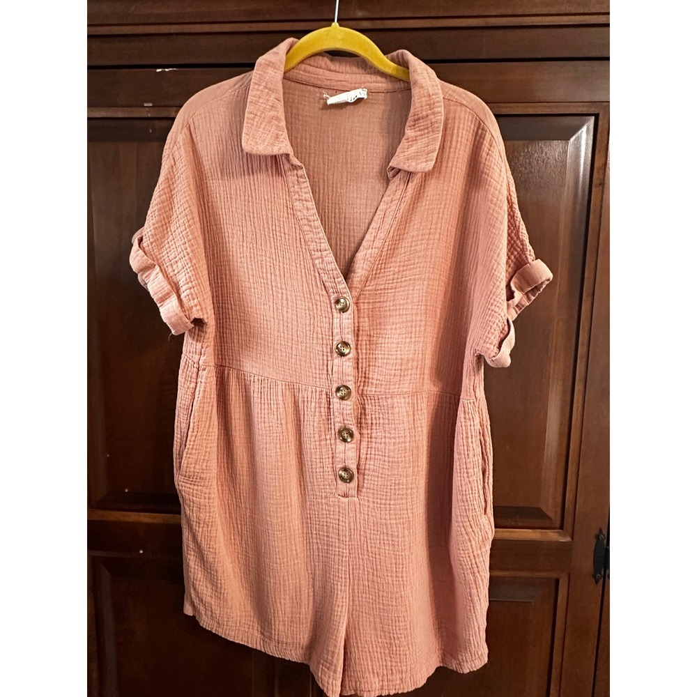New In Gauze Romper Terracotta Cotton Button Front Short Sleeve Pocket NP70033 L